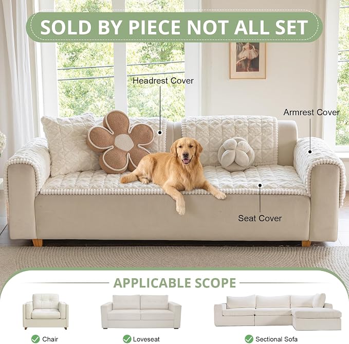 OstepDecor Couch Cover for Dogs, Washable Non Slip Sofa Cover for Pets | Soft Couch Covers for Sofa, Loveseat and Sectional, Furniture Protector Against Pet Hair & Dirt (27.6" x 59", Cream)
