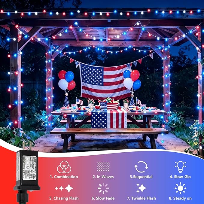 QITONG Red White and Blue Globe String Lights Outdoor, 33ft 100 LED 4th of July Globe Lights with Plug in, 8 Modes Clear String Lights for Indoor Patriotic Memorial Independence Day Decor