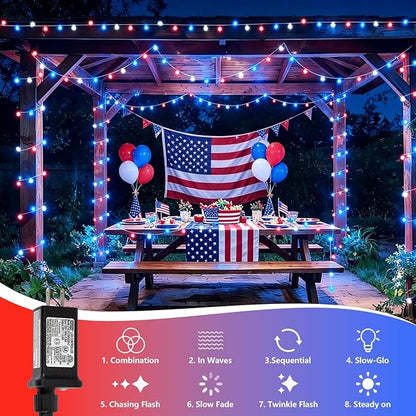 QITONG Red White and Blue Globe String Lights Outdoor, 33ft 100 LED 4th of July Globe Lights with Plug in, 8 Modes Clear String Lights for Indoor Patriotic Memorial Independence Day Decor