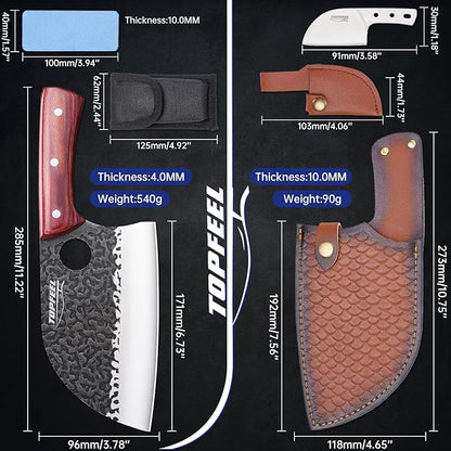 6.8Inch Serbian Chef Knife- Meat Cleaver, Butcher Knife set with Leather Sheath and Whetstone, Kitchen Knives for Home, Camping, BBQ