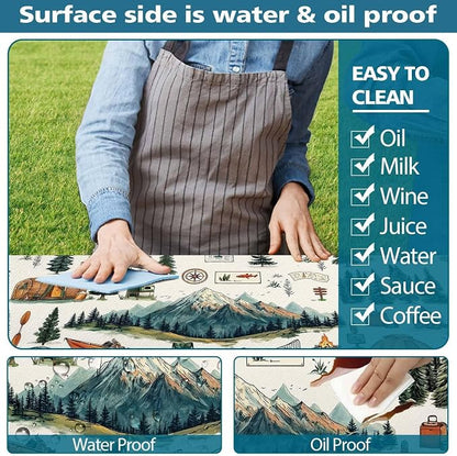 Picnic Table Cover with Bench Covers, Mountain Tent & Campfire Tablecloth, Elastic Edges, Waterproof Windproof Fitted, for Outdoor Camping Patio Garden, with Drawstring Bag, 60 Inch 3PCS