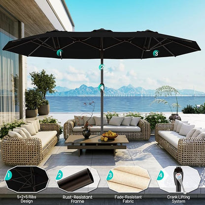 AreShark 15FT Outdoor Patio Umbrella with Crank, Large Rectangular Market Umbrella, Double-Sided Outdoor Umbrellas with Cross Base & Sandbag for Porch, Lawn, Pool, Backyard, Black