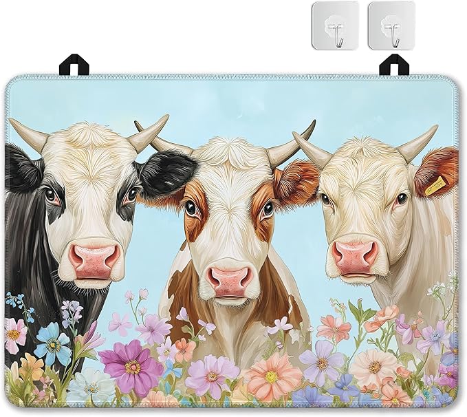 Farmhouse Cow Glass Top Stove Cover Protector,Watercolor Flower Heat Resistant Stove Top Cover, Large Size Range Covers for Electric Stove Countertop Mat, 28 x 20 Inch