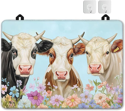Farmhouse Cow Glass Top Stove Cover Protector,Watercolor Flower Heat Resistant Stove Top Cover, Large Size Range Covers for Electric Stove Countertop Mat, 28 x 20 Inch