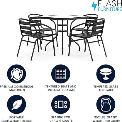 Flash Furniture 5-Piece Patio Dining Set with 31.5" Square Glass Metal Table and 4 Stackable Slat Back Chairs, Indoor/Outdoor Bistro Set, Black