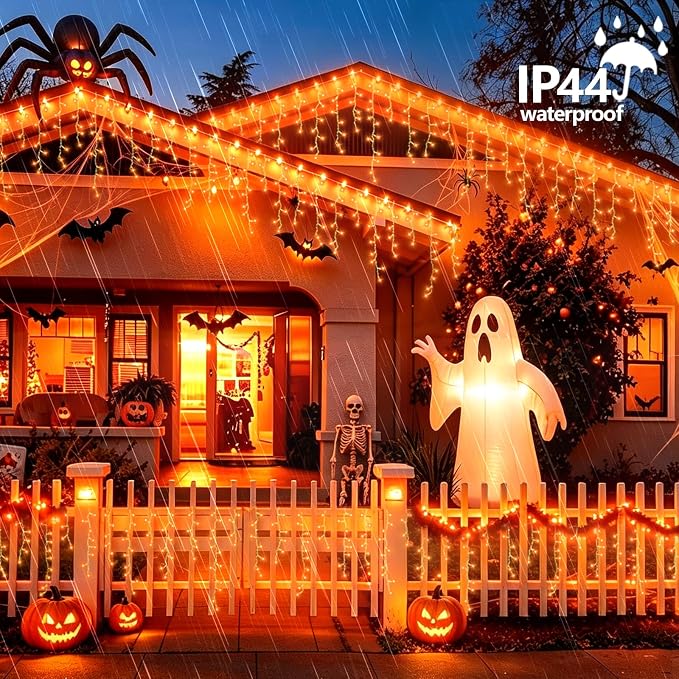 YEGUO 66ft 800 LED Orange Halloween Lights, Connetable Icicle Light Outdoor Waterproof, 8 Modes Christmas Lights Indoor Plug in for Thanksgiving House Patio Fall