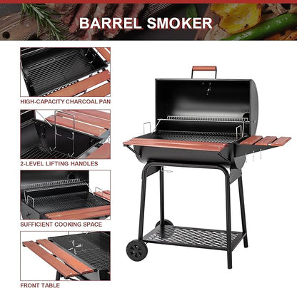 Royal Gourmet CC1830V 30 Barrel Charcoal Grill with Wood-Painted Side Front Table, 627 Square Inches Cooking Space, for Outdoor Backyard, Patio and Parties, Black