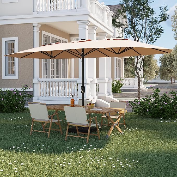 Garvee 15FT Rectangular Outdoor Umbrella Patio Umbrella with Base Included Large Market Umbrellas with Crank Handle UV Protection Table Umbrellas for Outdoor, Backyard, Deck, Poolside, Beige