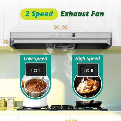 FIREGAS Range Hood 36 inch Under Cabinet, Ducted/Ductless Convertible Kitchen Hood, Stainless Steel Stove Vent Hood with LED Light, 2 Speed Exhaust Fan, Silver