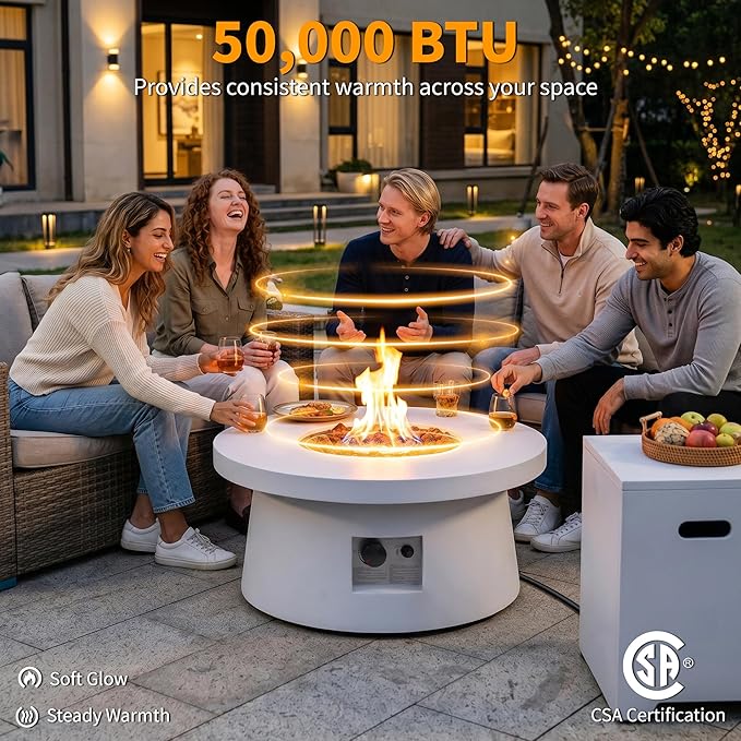 HOTEAGLE 30" Outdoor Propane Fire Pit Table w Tank Table, 50000 BTU CSA Certified Round Iron Gas Fire Pit, Removable Lid, Lava Rocks and Rain Cover for Patio Backyard Garden Pool
