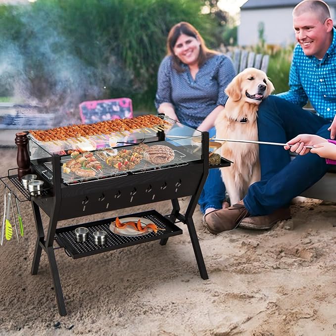 HAPPYGRILL Charcoal Grill with Glass Wind Guard & Seasoning Racks | Outdoor Barbecue Charcoal Grills with Storage Shelf, Warming and Cooking Grills, BBQ Grill Set for Camping Picnic Hiking