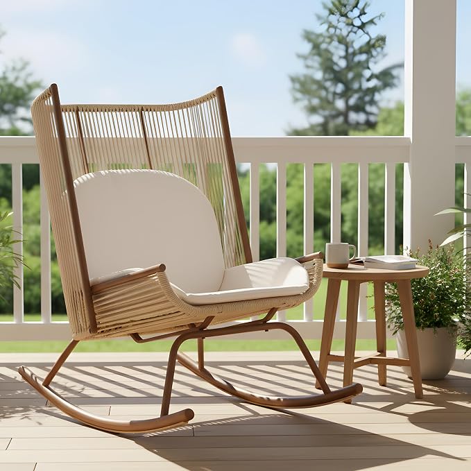 Christopher Knight Home Lumin Outdoor Rocking Chair, High Back PE Rattan Wicker Rocker with Metal Frame, Rocking Chair with Cushion, Comfort Rocker with Ergonomic Design for Patio or Lounge, Beige