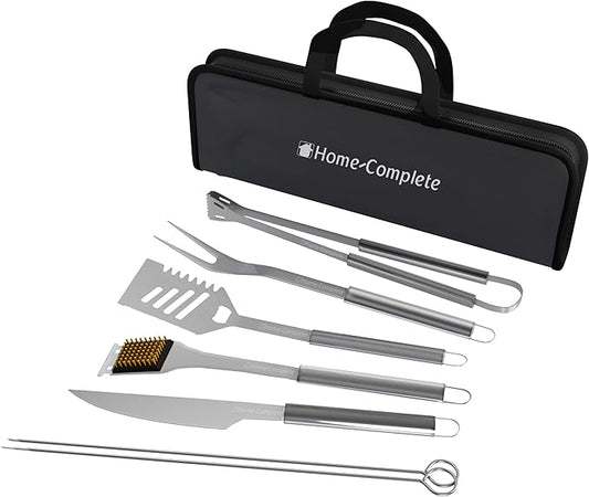 7-Piece BBQ Grill Tool Kit - Stainless Steel BBQ Accessories Kitchen Set with Spatula, Tongs, Fork, Knife, Brush, Skewers, and Case by Home-Complete