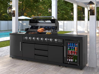 KoolMore Reserve Outdoor Kitchen Island with 6 Burner Grill and a Side Burner, Sink, Storage Cabinet, and Beverage Refrigerator, CSA Listed in Sleek Black