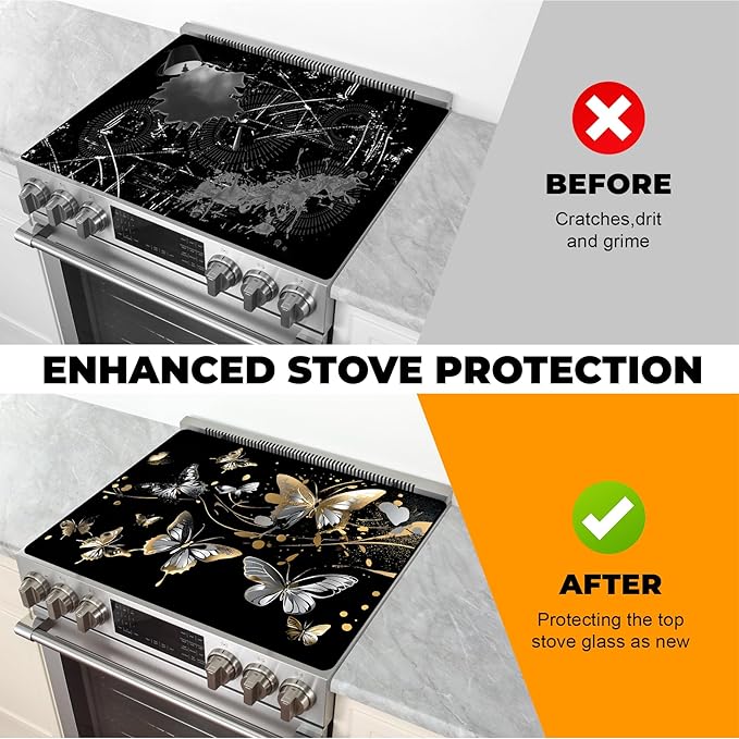 Silicone Glass Stove Top Cover- Mat for Electric Stove Protector with Anti-Slip Rubber Coating Scratch-Resistant XL Dish Drying Mats For Kitchen (Butterfly, 30"L x 21"W)