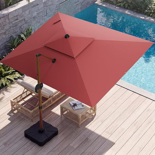 10x13 FT Wood Pattern Patio Umbrella, Large Deluxe Cantilever Rectangular Double Top Heavy Duty Offset Umbrellas with 360° Rotation, Outdoor shade for Garden Deck Pool Patio, Red