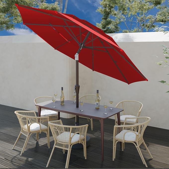 9FT 3 Tiers Patio Umbrella With Auto Tilt And Crank, Outdoor Table Market Umbrella with 8 Sturdy Ribs for Garden, Lawn, Deck, Backyard and Pool