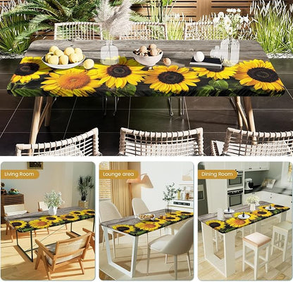 Irisbell Picnic Table Cover with Elastic Edge,6FT Wind Proof Wrinkleproof Fitted Tablecloth Cover Camping Beach Patio Rectangle Table Cloth for Indoor Outdoor (Wood & Sunflower, 30'' x 72'')
