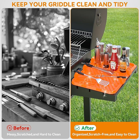 Silicone Griddle Tool Mat Blackstone Griddle Mat for Side Shelf Silicone Utensil Rest with Drip Pad, 5 Removable Grill Spatula Holders & Thermometer Slots, Flat Top Grill Accessories Orange 12x16 Inch