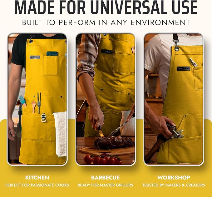 Asaya Chef and BBQ Apron with Bottle Opener and Hand Towel - 10oz Cotton Canvas, Stainless Steel Hardware - Cross Back Straps