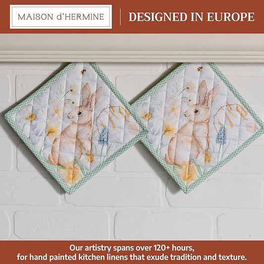 Maison d' Hermine Pot Holders 100% Cotton Heat Resistant Potholders 8" x 8" Hot Pads with Loop BBQ Cooking Baking Hotel Farmhouse Kitchen Handling Hot Pans Spring Summer (Pack of 2, Easter Dew)