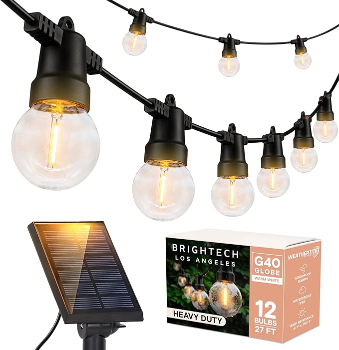 Brightech Ambience Pro 27 Ft Solar Powered Outdoor String Lights - Commercial Grade Waterproof Patio Lights Withn Edison Globes, Shatterproof LED String Lights for Patio - 1W, Warm White, 12 Bulbs