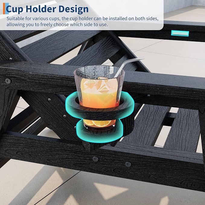 Garvee Lounge Chair Outdoor Set of 4 with Wheels & 5-Position Adjustable Backrest, Oversized Chaise Lounge with 2 Move Handle, HDPE Lounge Chair w/Detachable Cup Holder, for Patio, Pool,Black