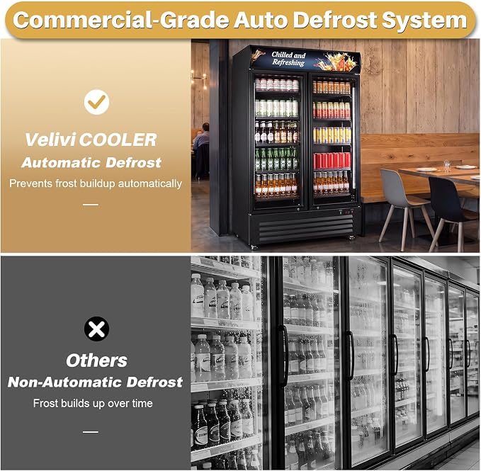 Velivi Commercial Beverage Refrigerator, Double Glass Door Display Cooler, Upright Drink Merchandiser with LED Lighting, Auto Closing Doors