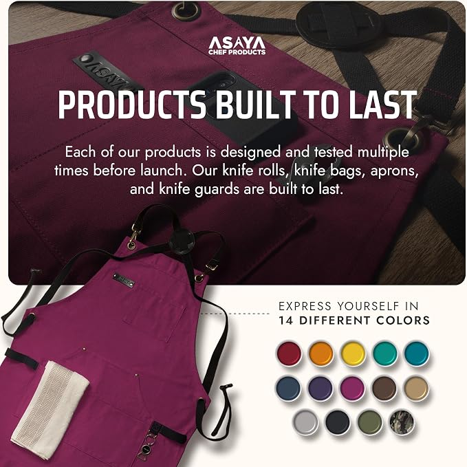 Asaya Chef and BBQ Apron with Bottle Opener and Hand Towel - 10oz Cotton Canvas, Stainless Steel Hardware - Cross Back Straps