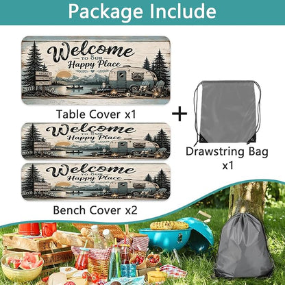 Picnic Table Cover with Bench Covers and Bag, Camping Essentials, Vintage Camper Waterproof Windproof Fitted Camping Tablecloths with Elastic Edges for Indoor, Outdoor & Garden, 3 Pcs Set 30x72 Inch