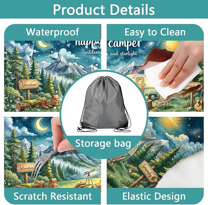 Picnic Table Cover with Bench Covers and Bag, Camping Essentials, Happy Camper Starry Night Waterproof Camping Tablecloth, Elastic Edges Fitted Rectangle Tables for Outdoor & Garden, 3PCS, 30x60 Inch