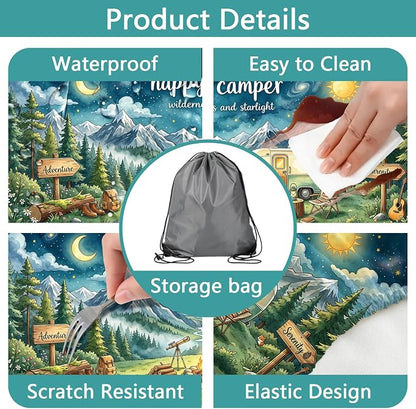 Picnic Table Cover with Bench Covers and Bag, Camping Essentials, Happy Camper Starry Night Waterproof Camping Tablecloth, Elastic Edges Fitted Rectangle Tables for Outdoor & Garden, 3PCS, 30x60 Inch