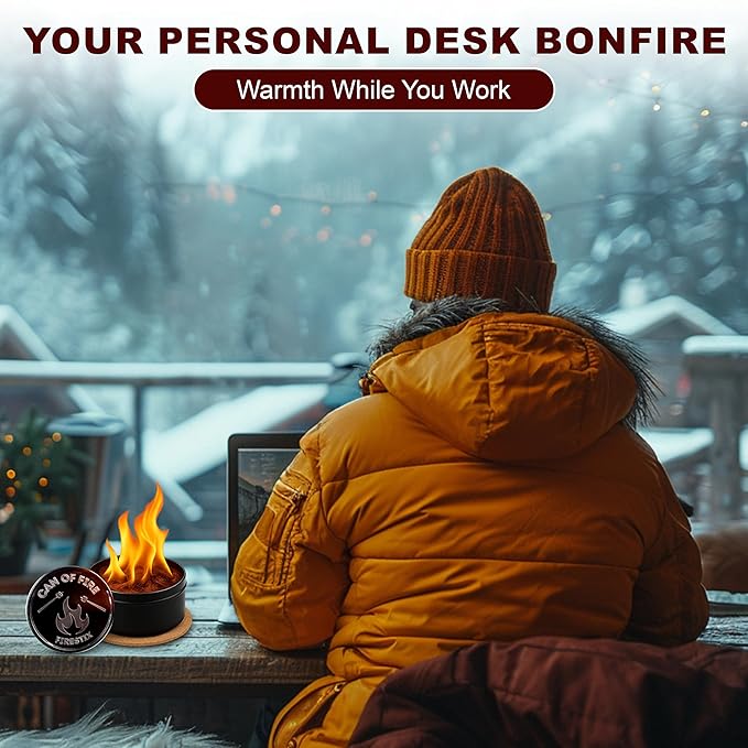 [2-Pack] Can of Fire Tabletop Mini Bonfires – 2–3 Hour Burn Time – Made from Recycled Wood Chips & Paraffin Wax – Includes Safety Coasters – Reusable Flame for Camping, Ambiance, and Emergency Heat