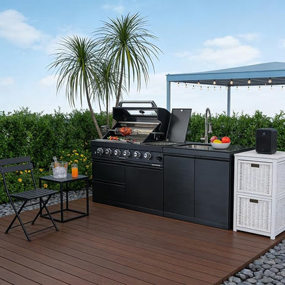 46" Outdoor Kitchen Bar Gas Grill Island, 72000 BTU Stainless Steel BBQ Propane Barbecue Grill with 4 Burners, Side Burner, Rotisserie Kit, Granite Countertop, Sink & Faucet