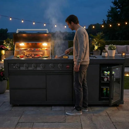5-Burner Stainless Steel Grill with Rotisserie Oven,Mini Wine Fridge,Side Burner,Sink.Included Natural Gas converter.Black