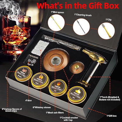 Cocktail Smoker Kit - Whiskey Smoker Kit with Torch,8 Flavors Wood Chips for Whiskey and Bourbon,Old Fashioned Smoker Set for Infused Cocktail,Cheese and Meats,Gifts for Men,Dad,Husband (NO Butane)