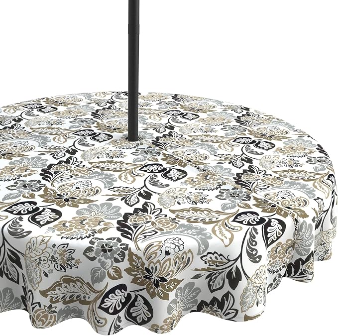LVTXIII Round Outdoor Tablecloth with Umbrella Hole and Zipper, Water-Repellent 60 Inch Patio Table Cover for Bistro, Garden, Patio & Picnic, Dailey Tan