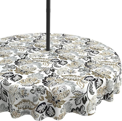 LVTXIII Round Outdoor Tablecloth with Umbrella Hole and Zipper, Water-Repellent 60 Inch Patio Table Cover for Bistro, Garden, Patio & Picnic, Dailey Tan
