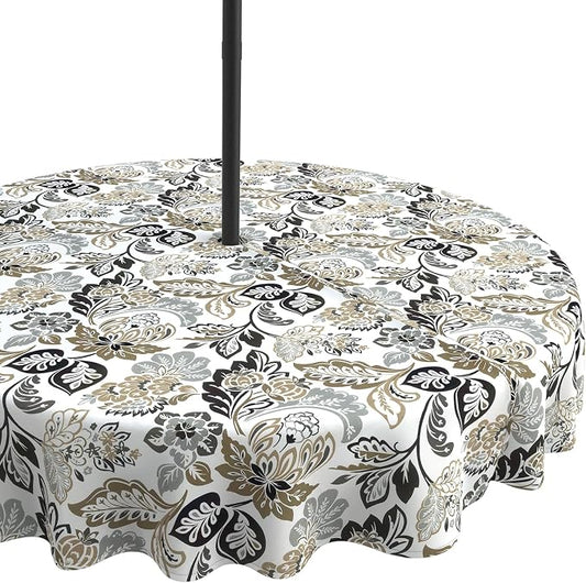 LVTXIII Round Outdoor Tablecloth with Umbrella Hole and Zipper, Water-Repellent 60 Inch Patio Table Cover for Bistro, Garden, Patio & Picnic, Dailey Tan