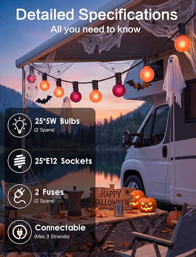 SUNSGNE 25FT G40 Halloween String Lights, Frosted Orange Purple Globe Bulbs | 27 Frosted Glass Bulbs(2 Spare), Orange Purple Halloween Glow, Plug-In Easy Lighting, Indoor & Outdoor Halloween Decor