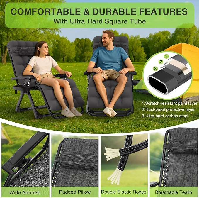 Suteck Zero Gravity Chairs Set of 2, Reclining Camping Chair with Cushion | Anti Gravity Recliner Lounge Chair with Aluminum Alloy Lock & Cup Holder, 90-170° Adjustable, for Lawn Patio Indoor
