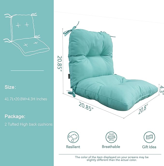 Outdoor Chair Cushions, Fade Resistant Replacement Tufted Cushion for Patio Dining Chair, Set of 2, Teal Blue