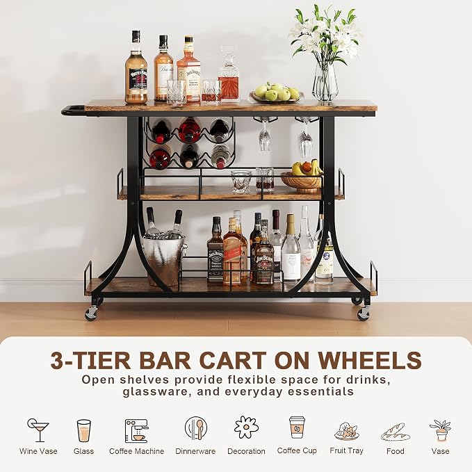 PETKABOO 3-Tier Rustic Wooden Bar Cart with Wheels, Farmhouse Style Solid Wood Rolling Serving Cart with Wine Rack for Home Bar, Heavy Duty Mobile Liquor Trolley for Kitchen Living Room