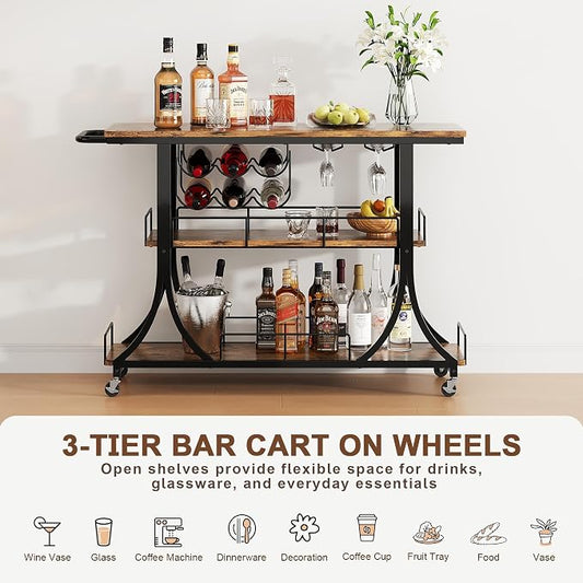 PETKABOO 3-Tier Rustic Wooden Bar Cart with Wheels, Farmhouse Style Solid Wood Rolling Serving Cart with Wine Rack for Home Bar, Heavy Duty Mobile Liquor Trolley for Kitchen Living Room
