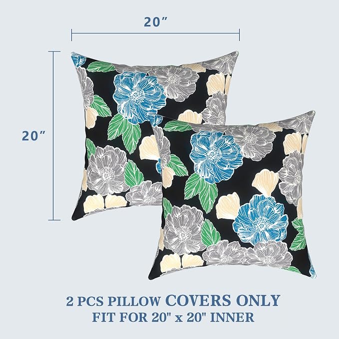 LVTXIII Outdoor Pillow Covers 20x20 Inch, 2 Pack Large Square Throw Pillow Cases, Fade-Resistant Cushion Covers for Patio Furniture Sofa, Garden Porch, Sketch Peony