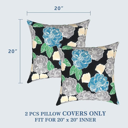LVTXIII Outdoor Pillow Covers 20x20 Inch, 2 Pack Large Square Throw Pillow Cases, Fade-Resistant Cushion Covers for Patio Furniture Sofa, Garden Porch, Sketch Peony