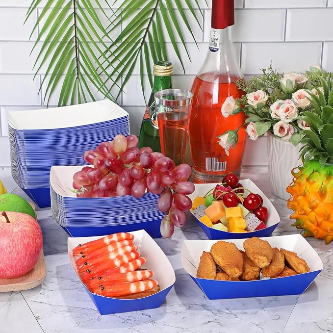 100 Pcs 2lb Paper Food Trays Boat Nacho Boats for Hot Dogs, Blue | Grease-Resistant, Disposable Kraft Paper Boat for Tacos Concession, Food Trucks, Birthday, Wedding, Christmas, Halloween