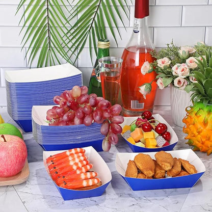 100 Pcs 2lb Paper Food Trays Boat Nacho Boats for Hot Dogs, Blue | Grease-Resistant, Disposable Kraft Paper Boat for Tacos Concession, Food Trucks, Birthday, Wedding, Christmas, Halloween