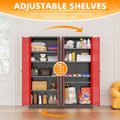 INTERGRAET 63" H Pantry Cabinet, Kitchen Pantry Storage Cabinets with 2 Doors and 4 Shelves, Metal Storage Cabinet,Cupboard for Home,Kitchen,Living Room/Dining, Black Red