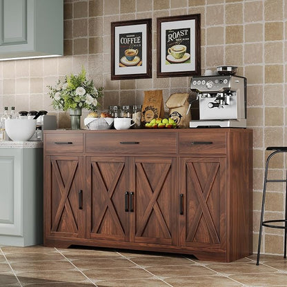 Garvee 55" Large Buffet Sideboard Cabinet, Coffee Bar Cabinet Buffet Table | Buffet Cabinet with Storage 4 Doors and 3 Drawers Kitchen Storage Cabinet for Dining Room, Living Room, Adjustable Shelf